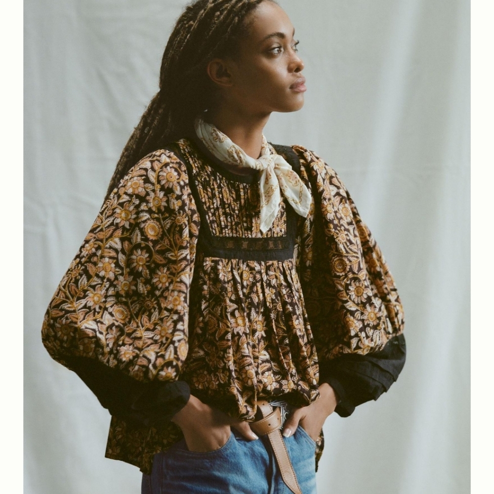 Cleobella Floral Puff Sleeve Blouse - Black and Brown Size Small